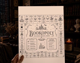 May include: A printable journal page titled Bookopoly The Spooky Reading Journey, featuring a board game layout with various reading prompts, icons like skulls and bats, and instructions for play, presented on a light beige background in A4 and A5 sizes.