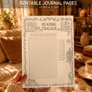May include: A printable reading tracker journal page featuring a central grid for months and days, surrounded by a botanical vine border with illustrations of stacked books and potted plants. The text reads READING TRACKER and includes a key.