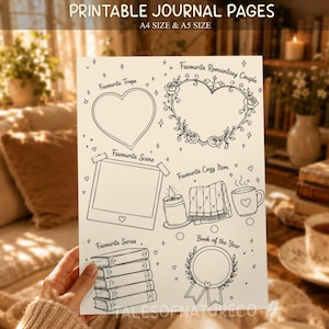 May include: A printable journal page featuring black line art on a white background. Sections include Favourite Trope, Favourite Romantasy Couple, Favourite Scene, Favourite Cozy Item, Favourite Series, and Book of the Year with decorative icons.