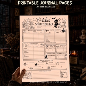 Puede incluir: Una página de diario imprimible titulada October Spooky Budget Monthly Money Tracker. La página presenta ilustraciones de líneas negras de calabazas, un gato, fantasmas y murciélagos sobre un fondo color melocotón claro, con secciones para ingresos y gastos.