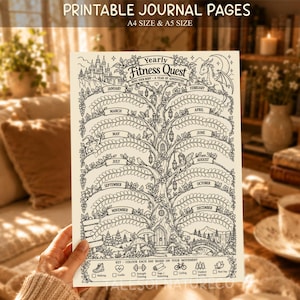 Op de afbeelding: Een printbare journalpagina getiteld Yearly Fitness Quest, met een grote boomillustratie met takken gelabeld voor elke maand. Het ontwerp bevat een kasteel, een draak en een legenda voor het bijhouden van dagelijkse bewegingsactiviteiten.
