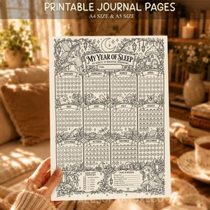 May include: A printable journal page titled My Year of Sleep with 365 nights of tracking circles organised by month. The black and white line art features fairy, mushroom, and floral illustrations, a year field, and a colour key for hours slept.