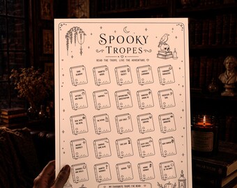 Spooky Tropes Reading Tracker Printable Horror Book Journal Gothic Reading Challenge Haunted House Dark Academia Download Book Template