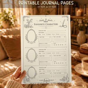 May include: A cream-colored printable journal page titled Favourite Characters with black line art illustrations of books, a quill, and three oval frames. The layout includes sections for character name, book, role, personality, and a star rating.