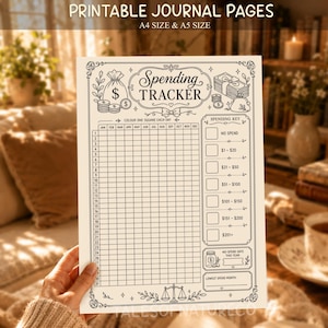 May include: A printable spending tracker journal page featuring a grid for months and days, a spending key with dollar ranges, and decorative illustrations of money bags, coins, and scales. The text reads Spending Tracker and A4 Size & A5 Size.