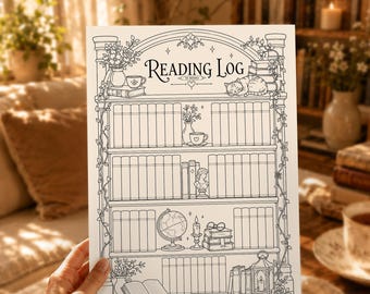 May include: A printable journal page featuring a black and white line art illustration of a bookshelf with the text READING LOG. The shelves contain books, a sleeping cat, a globe, a candle, a lantern, and floral accents in A4 and A5 sizes.