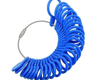 May include: A set of blue plastic ring sizers arranged in a graduated arc on a flexible metal cable. Each individual ring features a small tab with embossed numerical markings to indicate specific sizes for measuring finger circumference accurately.