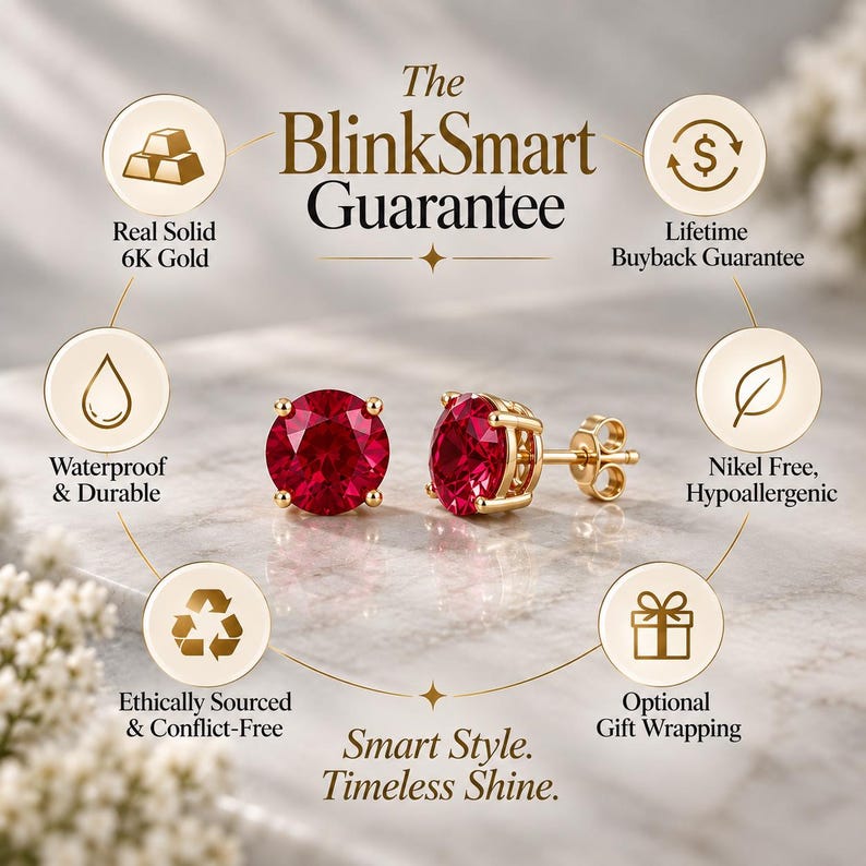 May include: A pair of round-cut red gemstone stud earrings set in 6K gold. The image features text including The BlinkSmart Guarantee, Real Solid 6K Gold, Lifetime Buyback Guarantee, Waterproof & Durable, Nickel Free, Hypoallergenic, Ethically Sourced & Conflict-Free, Optional Gift Wrapping, and Smart Style. Timeless Shine.