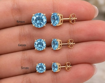 14K Solid Gold Aquamarine Studs, March Birthstone, 14Kt Gold Aquamarine Earrings, Dainty Studs, Perfect Gift for loved ones