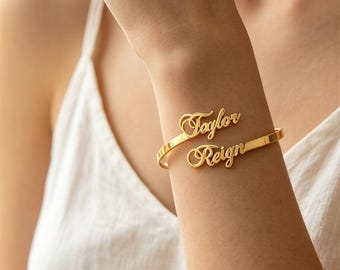 Custom Two Name Open Cuff Bracelet | Script Name Bangle | Dainty Gold & Silver Style | Sentimental Birthday Gift For Women