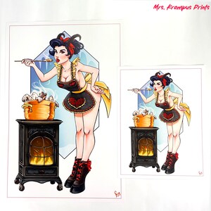 Mrs. Krampus naughty Christmas monster girl pinup print Pop Art kitsch unique kitchen witchy alternative gothic folklore yule