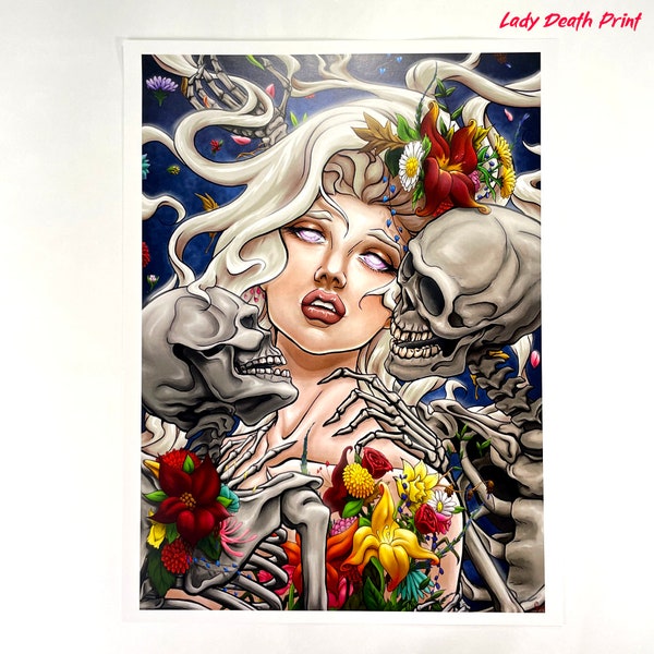 Lady Death 9x12 imprimir calaveras flores esqueleto hermosa vida y muerte arte de estilo cómico