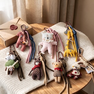 May include: A collection of seven plush animal keychains featuring a pink horse, a white cat in pajamas, a yellow giraffe, a green frog with large eyes, a brown bear, a tan bear in a plaid shirt, and a rabbit, each with a metal clip and cord.