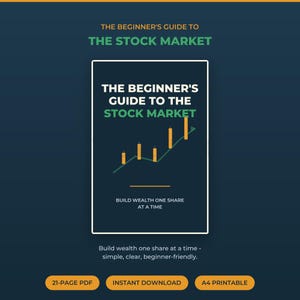 Könnte beinhalten: Ein digitales Dokument mit dem Titel The Beginner's Guide to the Stock Market. Das Cover zeigt einen dunkelblauen Hintergrund mit einem grünen, ansteigenden Liniendiagramm und gelben Kerzenbalken. Der Text lautet: Build wealth one share at a time.