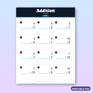 May include: A first grade addition worksheet featuring twelve math problems with black text on a white background. The header displays the title Addition, 1st Grade, and Easy. Each problem includes a numbered circle and a blue horizontal line.