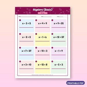 Puede incluir: Una hoja de ejercicios imprimible titulada Algebra (Basic) 5th Grade, que presenta doce problemas matemáticos en recuadros numerados. El diseño incluye campos para nombre, fecha y puntuación, con ecuaciones como x-3=2 sobre fondos de colores pastel.