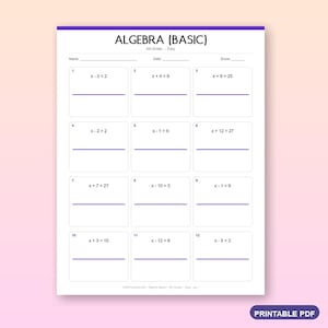 Puede incluir: Una hoja de trabajo imprimible blanca titulada ALGEBRA (BASIC) con un encabezado y pie de página morados. La página contiene doce cuadros numerados, cada uno con una ecuación algebraica simple con una variable x y una línea en blanco.