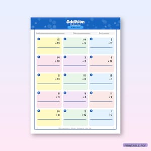 May include: A kindergarten addition worksheet featuring a blue header with the text Addition and Kindergarten. The page contains fifteen numbered math problems organized in a grid with pastel yellow, pink, and blue backgrounds for each box.