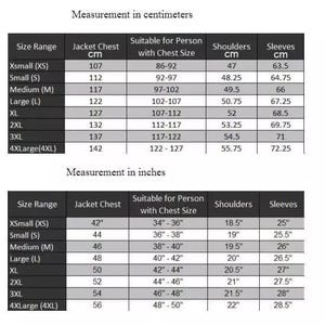 May include: A sizing chart for jackets presented in two tables. The top table displays measurements in centimeters, while the bottom table provides corresponding measurements in inches. Both tables list size ranges from Xsmall to 4XLarge.