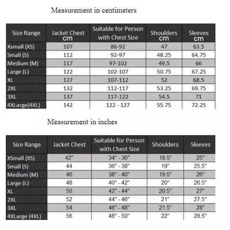 May include: A sizing chart for jackets presented in two tables. The top table displays measurements in centimeters, while the bottom table provides corresponding measurements in inches. Both tables list size ranges from Xsmall to 4XLarge.