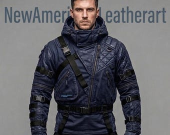 Handmade Men's Navy Blue Tactical Leather Jacket, Quilted Hooded Cyberpunk Coat, Techwear Streetwear Armo