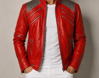 Red Leather Pop Star Jacket – 80s Biker Concert Costume Handmade