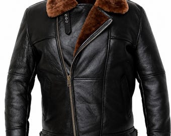 Handmade Men Leather Biker Jacket Warm Shearling Faux Fur Collar Motorcycle Winter Outerwear Gift
