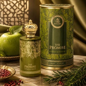 Op de afbeelding: Een cilindervormige parfumfles en bijbehorende koker, beide in olijfgroen met gouden bloemmotieven en de tekst The Promise Extrait de Parfum. De fles heeft een gouden dop in de vorm van een kroon en bevat 60 ml parfum.