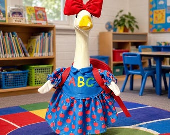 23 Inch Porch Goose Outfit, ABC Apple Dress, Red Bow Backpack, Fall School Decor