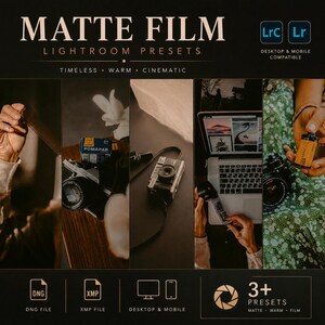 Puede incluir: Un listado de producto digital para ajustes preestablecidos de Lightroom Matte Film con texto, iconos de archivos DNG y XMP, y cinco paneles fotográficos que muestran cámaras de película, rollos de película y una pantalla de portátil.