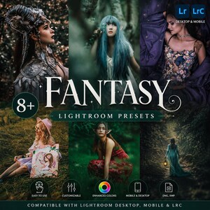 Może przedstawiać: Cyfrowa kolekcja ponad 8 presetów Fantasy Lightroom na komputery i urządzenia mobilne. Grafika promocyjna przedstawia sześć różnych przykładów zdjęć z eterycznymi postaciami, kwiecistymi strojami i leśnymi sceneriami z napisem FANTASY.