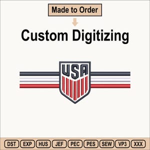 May include: An embroidery design featuring the text Made to Order and Custom Digitizing above a shield emblem with the letters USA and vertical red stripes. Three horizontal lines in black, white, and red extend from the shield. File formats include DST, EXP, HUS, JEF, PEC, PES, SEW, VP3, and XXX.