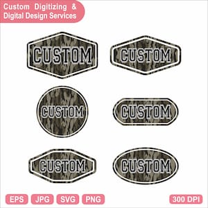 May include: Six digital labels with a camouflage pattern in shades of green, brown, and black. Each label features the word CUSTOM in a bold, black, serif font with a white outline. The labels are in hexagonal, circular, and oval shapes.