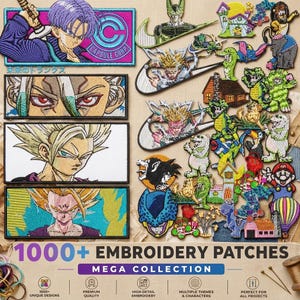 Op de afbeelding: Een verzameling geborduurde patches met diverse anime-personages, waaronder Trunks met het Capsule Corp-logo, en talloze kleinere kleurrijke ontwerpen zoals Mario, dieren en fantasiefiguren, allemaal weergegeven op een lichte achtergrond.