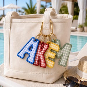 Personalized Embroidered Initial Bag Charm, Custom Gingham Alphabet Keychain, Preppy Letter Keyring, Monogram Gingham Purse Charm Gift