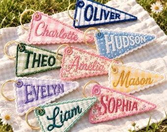 Personalized Embroidered Pennant Flag Bag Charm, Custom Name Keychain, College Style Backpack Keychain, Monogram Gingham Purse Charm Gift