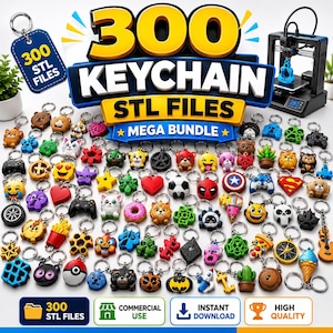 May include: A digital collection of 300 keychain STL files for 3D printing, featuring a wide variety of colourful designs including animals, food, emojis, and symbols. The image displays numerous physical keychain examples and a 3D printer.