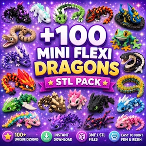 Puede incluir: Una colección de más de 100 figuras de dragones flexibles articulados en varios colores y patrones, incluyendo verde, rosa, azul, negro y naranja. La imagen presenta el texto +100 MINI FLEXI DRAGONS STL PACK con iconos de descarga e impresión.