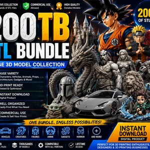 Op de afbeelding: Een digitaal 200TB STL-pakket met een enorme verzameling 3D-modellen, waaronder anime-personages, een draak, een sportwagen, een leeuw en een figuur met een helm. De afbeelding bevat de tekst 200TB STL BUNDLE en HUGE 3D MODEL COLLECTION.