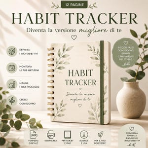 Può includere: Un quaderno per il monitoraggio delle abitudini rilegato a spirale con copertina color crema e illustrazioni di foglie ad acquerello verde. Il testo riporta HABIT TRACKER e Diventa la versione migliore di te, con icone per obiettivi e progressi.