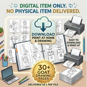 Puede incluir: Una colección digital de más de 30 páginas para colorear de cabras con personajes en camisetas de baloncesto. El set incluye un portátil, impresoras, lápices de colores y hojas impresas. El texto dice: DIGITAL ITEM ONLY. NO PHYSICAL ITEM DELIVERED.