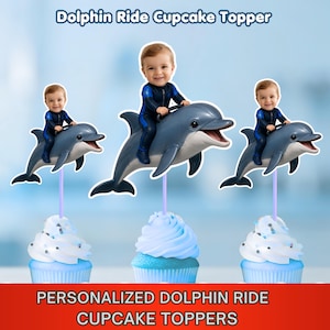 Personalized Dolphin Ride Cupcake Topper | Custom Face Ocean Theme Party (Digital Download)