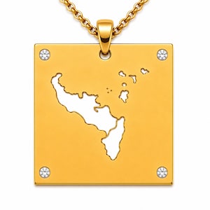 May include: A gold-toned square pendant necklace featuring a cutout map design in the centre. The pendant is accented with four small, clear, round-cut stones set at each corner. It hangs from a matching gold-toned chain attached to a central bail.