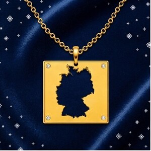 Germany Map Necklace, Germany Pendant, German Jewelry, Gold Brass Necklace, 4 Lab Grown Stones, Germany Gift, Travel Jewelry