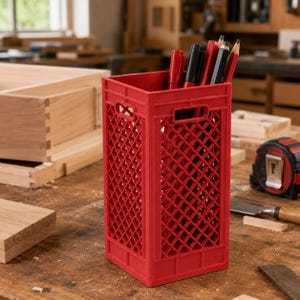 May include: A tall, rectangular red plastic desk organizer designed to resemble a miniature milk crate. The container features a diamond-shaped lattice pattern on all four sides, integrated handles at the top, and holds several pens and pencils.