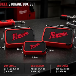 May include: A Milwaukee storage box set featuring three rectangular containers in red and black. The small box measures 6.5 x 4.8 x 1.75 cm, the medium 8.5 x 6.5 x 1.75 cm, and the large 10.5 x 7.5 x 2 cm. Each lid displays the Milwaukee brand logo.