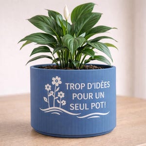 Peut inclure: Un pot de fleurs bleu cylindrique à texture nervurée verticale, orné d'un motif blanc représentant trois fleurs et le texte TROP D'IDÉES POUR UN SEUL POT ! Une plante spatiphyllum verte avec une fleur blanche est plantée dans le contenant.