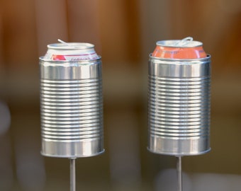 2 Hobo Tin Can Beer Holders/  Pair of Garden Drink Holders/ Outdoor Beverage Holder/ "Upside Down" Tin Can Beer Holders