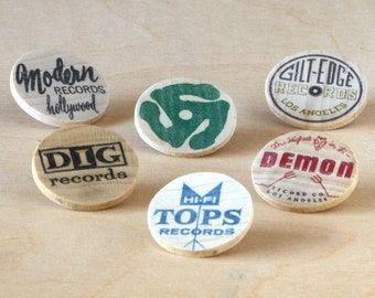 Extinct Los Angeles Record Label Pinback Buttons, Lapel Pins, Handmade Wooden Music Badges, Audiophile Gift