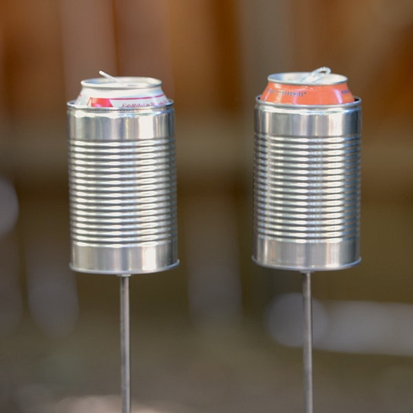 2 Hobo Tin Can Beer Holders/  Pair of Garden Drink Holders/ Outdoor Beverage Holder/ "Upside Down" Tin Can Beer Holders